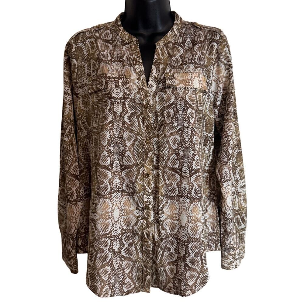 Charter Club Blouse Womens Small Brown Snakeskin Print Button Front Long Sleeve